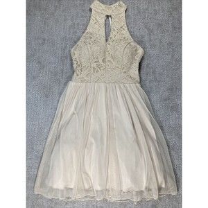 SPEECHLESS JUNIORS CHOKER KEY HOLE LACE &TULLE OPEN-BACK SHORT DRESS Beige Sz 3
